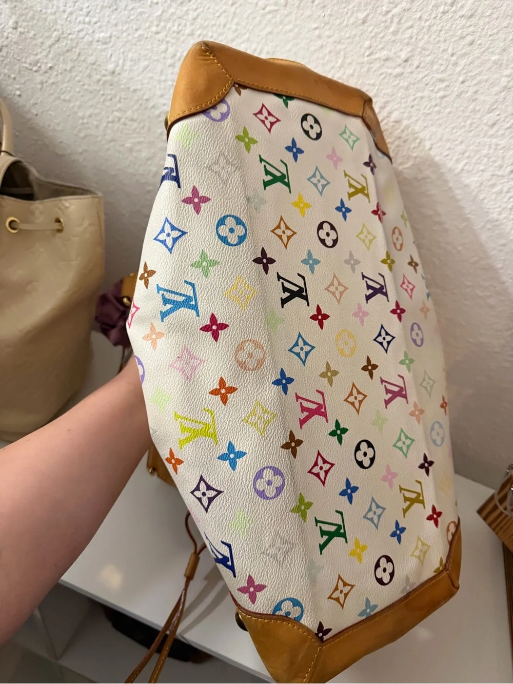AUTHENTIC Louis Vuitton Multicolor Monogram White Canvas Shoulder Bag (CHIP)